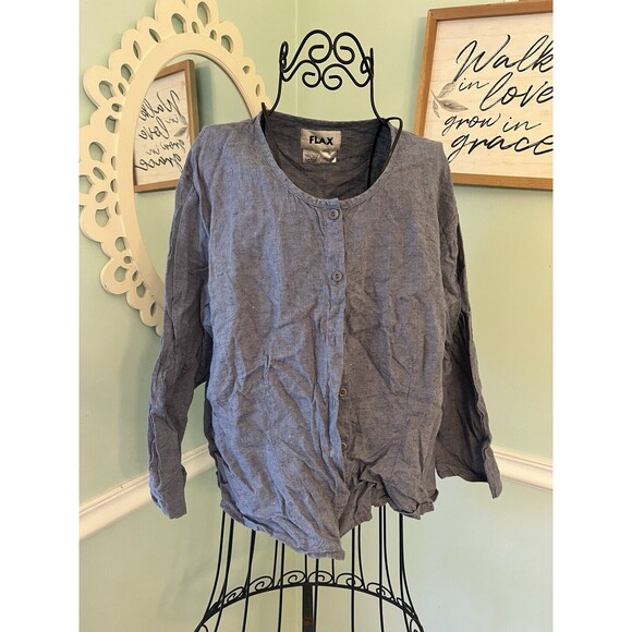 Flax L Top linen lagenlook button down sleeve size large Artsy Boho - Picture 1 of 7